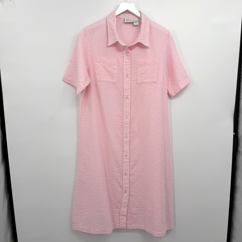 Vermont Country Store Seersucker Shirt Dress Large Lightweight Coastal Resort